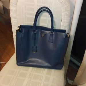 Authentic Prada blue leather tote w/ long strap